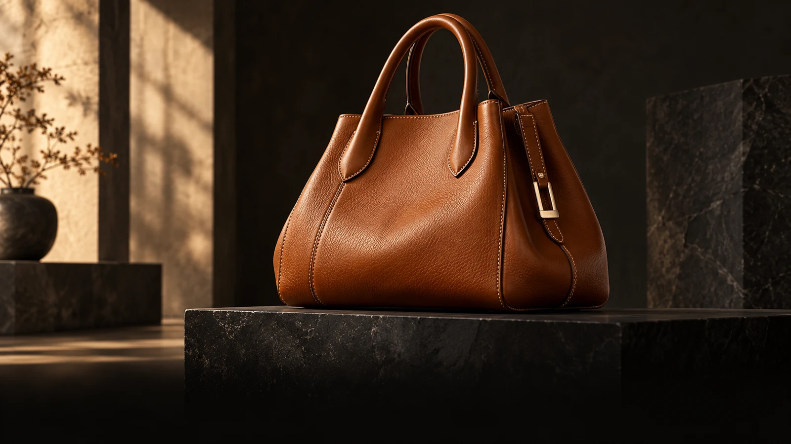 Sac cognac et lumière d’atelier, concept IA